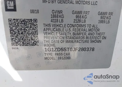 2018 Chevrolet Malibu Lt z USA, uszkodzony, nr VIN 1G1ZD5ST0JF280378